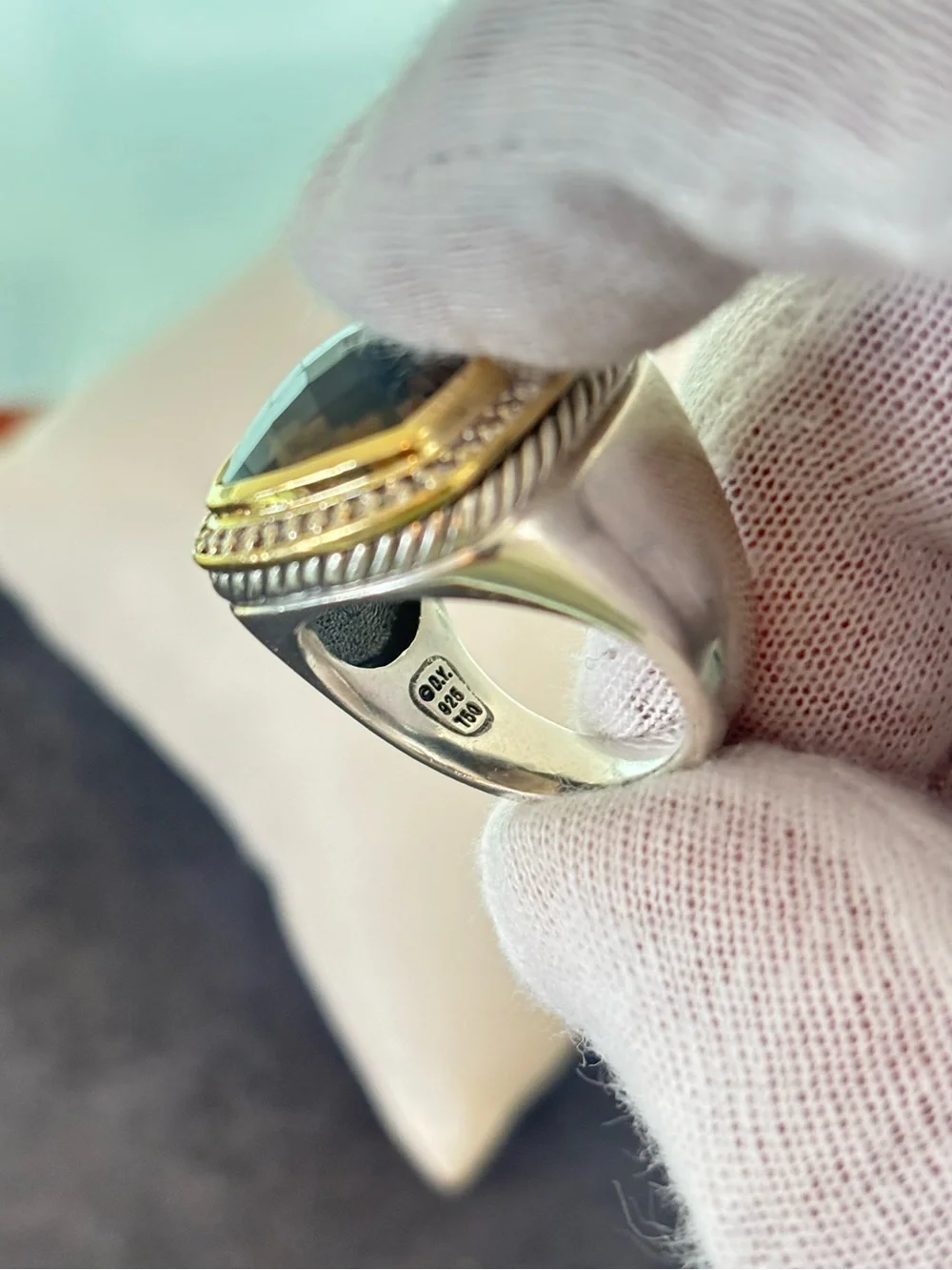David Yurman 925 & 18k Gold 14mm Albion Ring with Smoky Quartz & Diamonds 7